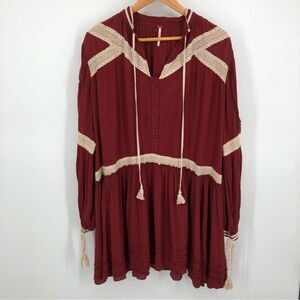 Free People Boho Mini Dress Womens M Long Sleeve‎ Red Oversized Crochet Tassels